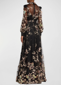 Belted Embroidered Sequin Lace Shirt Gown