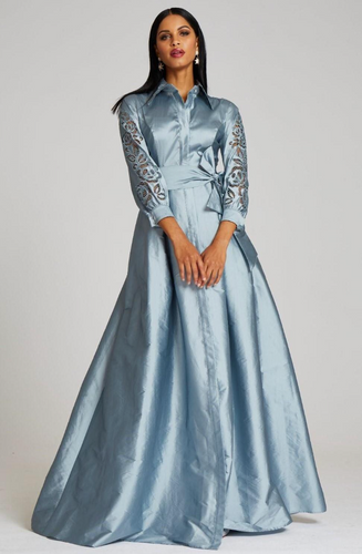Taffeta Shirt Dress with Eyelet Sleeve