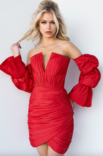 Load image into Gallery viewer, Red Rouched Off The Shoulder Dress