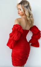 Load image into Gallery viewer, Red Rouched Off The Shoulder Dress