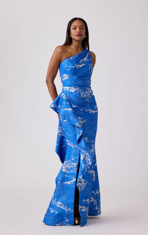 Metallic Jacquard One Shoulder Side Ruffle Gown