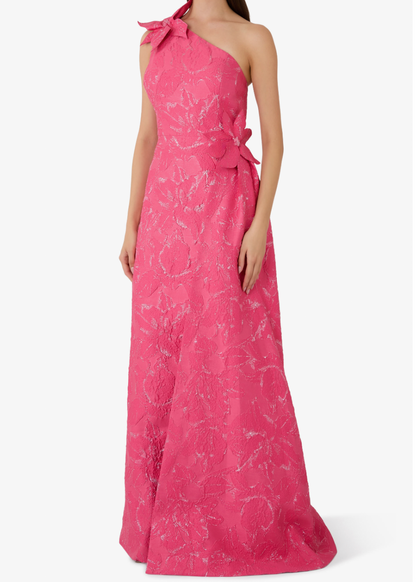 One Shoulder 3D Flower Side Drape Gown