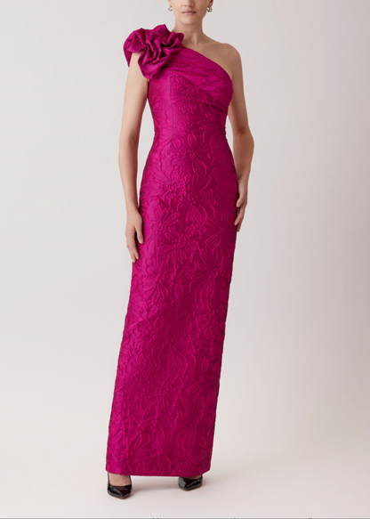 Floral Textured Jacquard Scrunch One Shoulder Gown