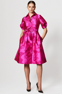 Puff Sleeve Abstract Print Collared Shirt Dress