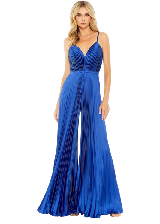 Pleated Plunge Neck Wide Leg Jumpsuit