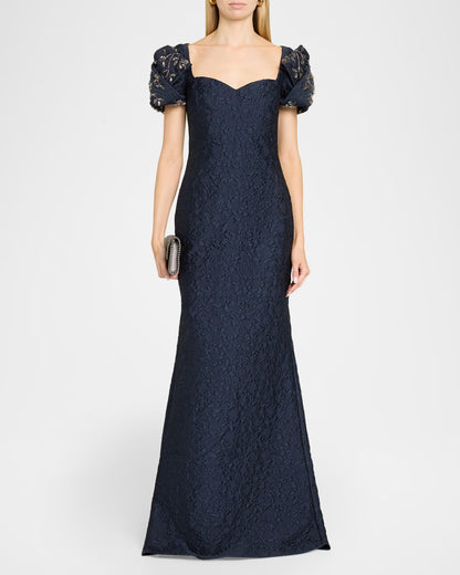 Puff-Sleeve Jacquard Mermaid Gown
