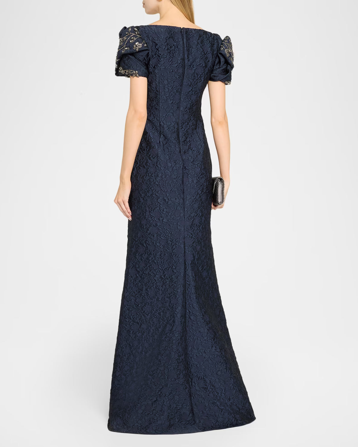 Puff-Sleeve Jacquard Mermaid Gown