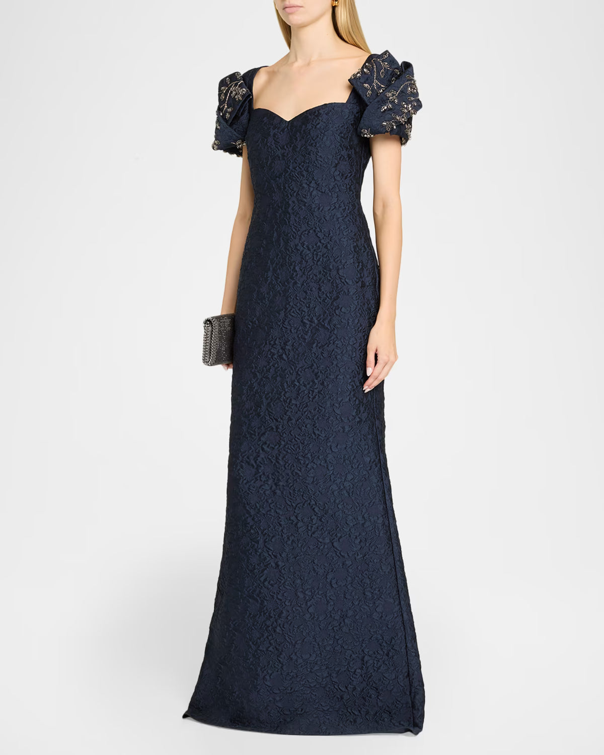 Puff-Sleeve Jacquard Mermaid Gown