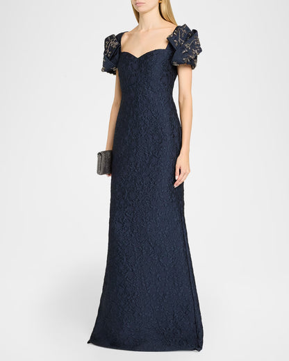 Puff-Sleeve Jacquard Mermaid Gown