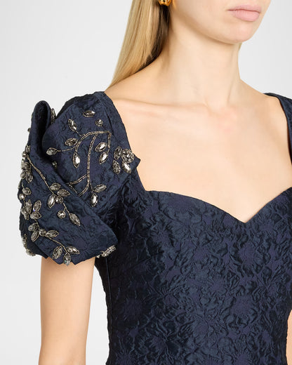 Puff-Sleeve Jacquard Mermaid Gown