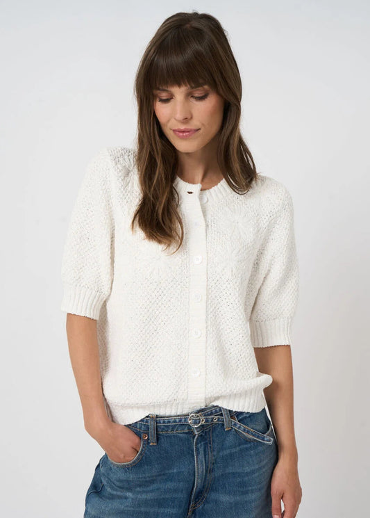 Textured Cotton Cardigan with Embroidered Flowers