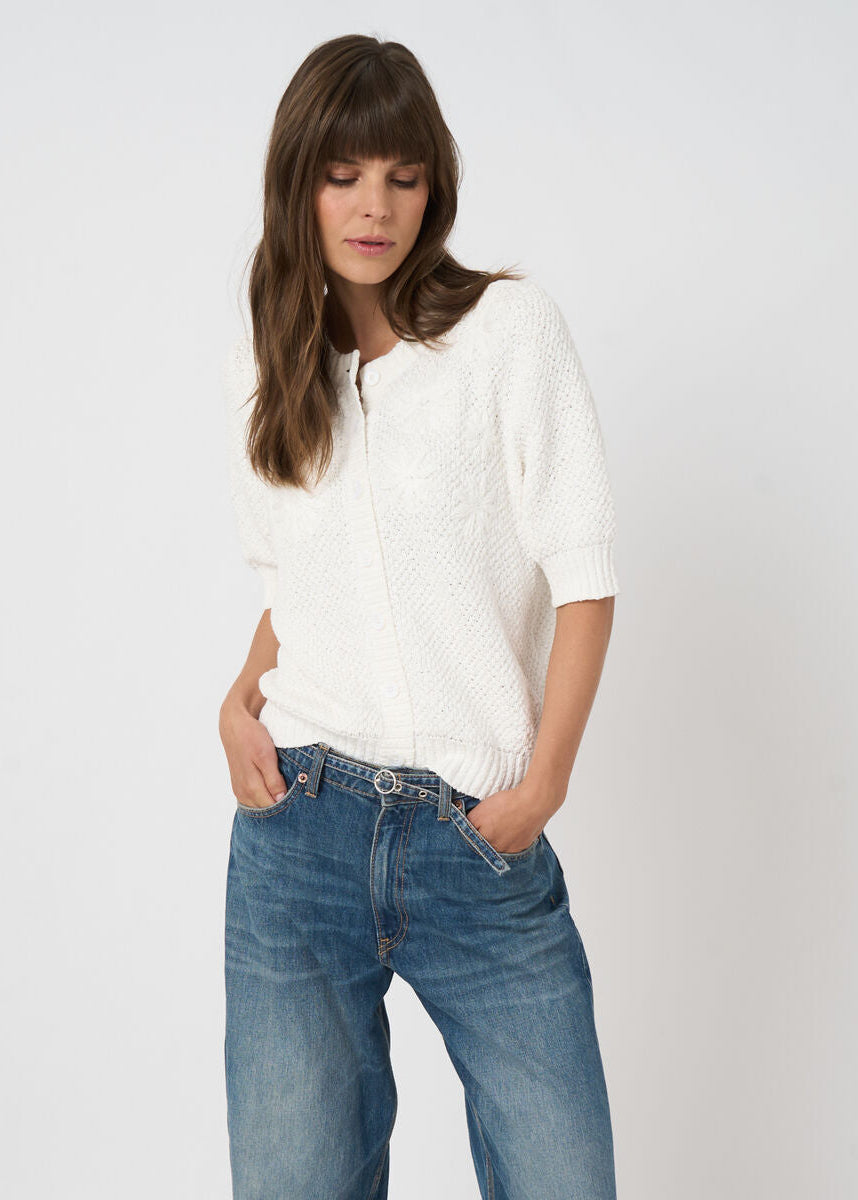 Textured Cotton Cardigan with Embroidered Flowers