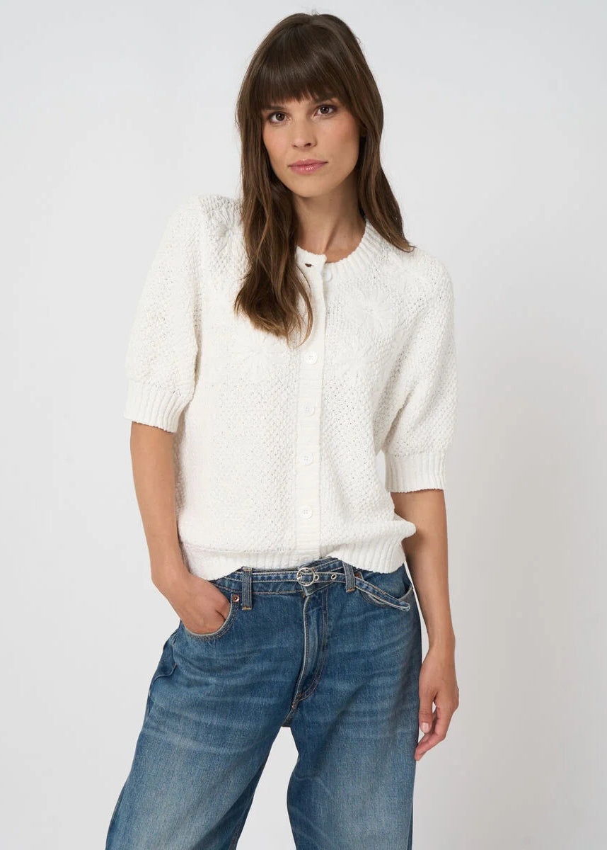 Textured Cotton Cardigan with Embroidered Flowers