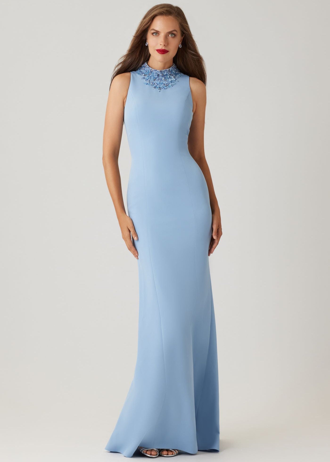 Crepe Beaded Neck Column Gown