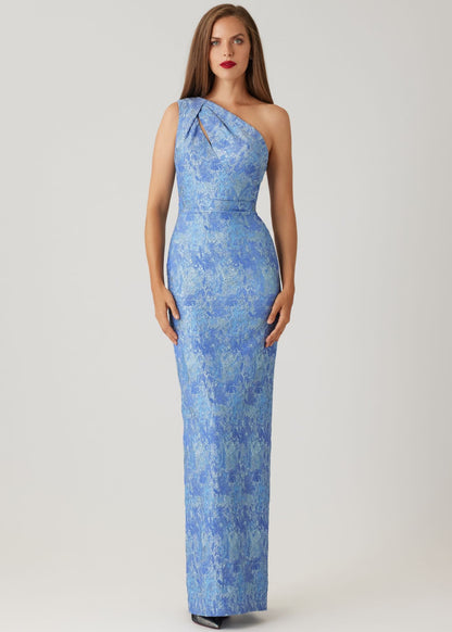 Stretch Jacquard Print One Shoulder Gown