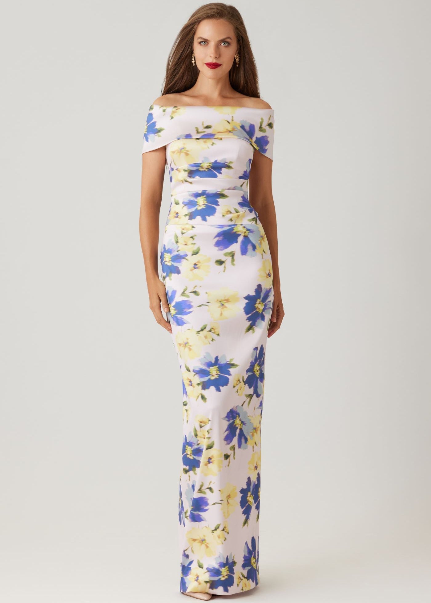 Mikado Digital Print Cuff Bodice Ruched Gown