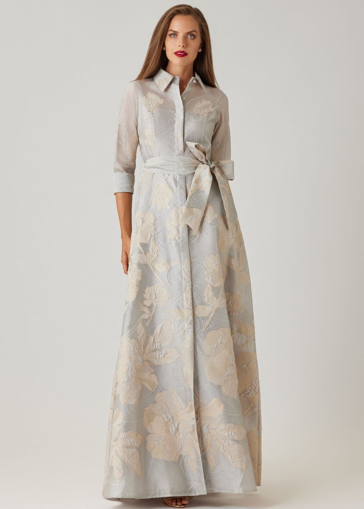 Metallic Floral Jacquard Shirt Waist Gown