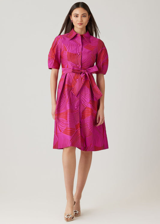 Jacquard Abstract Print Puff Sleeve Shirt Dress