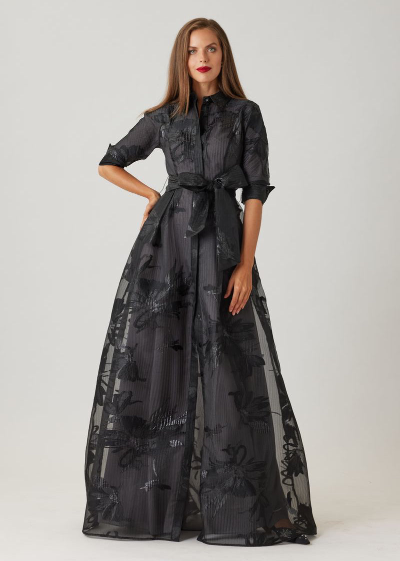 Crinkle Organza Floral Motif Shirt Waist Gown