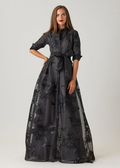 Crinkle Organza Floral Motif Shirt Waist Gown
