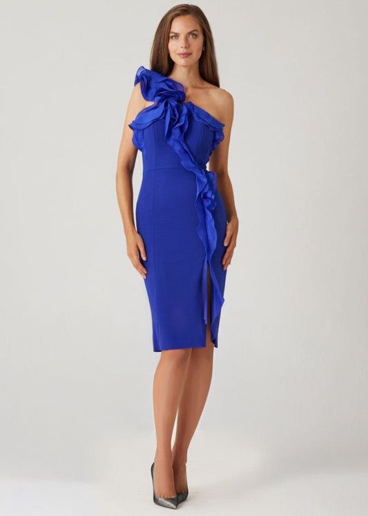 Crepe One Shoulder Organza Dress