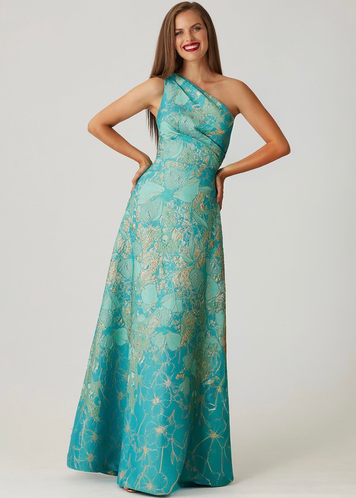 Metallic Jacquard Floral One Shoulder Gown