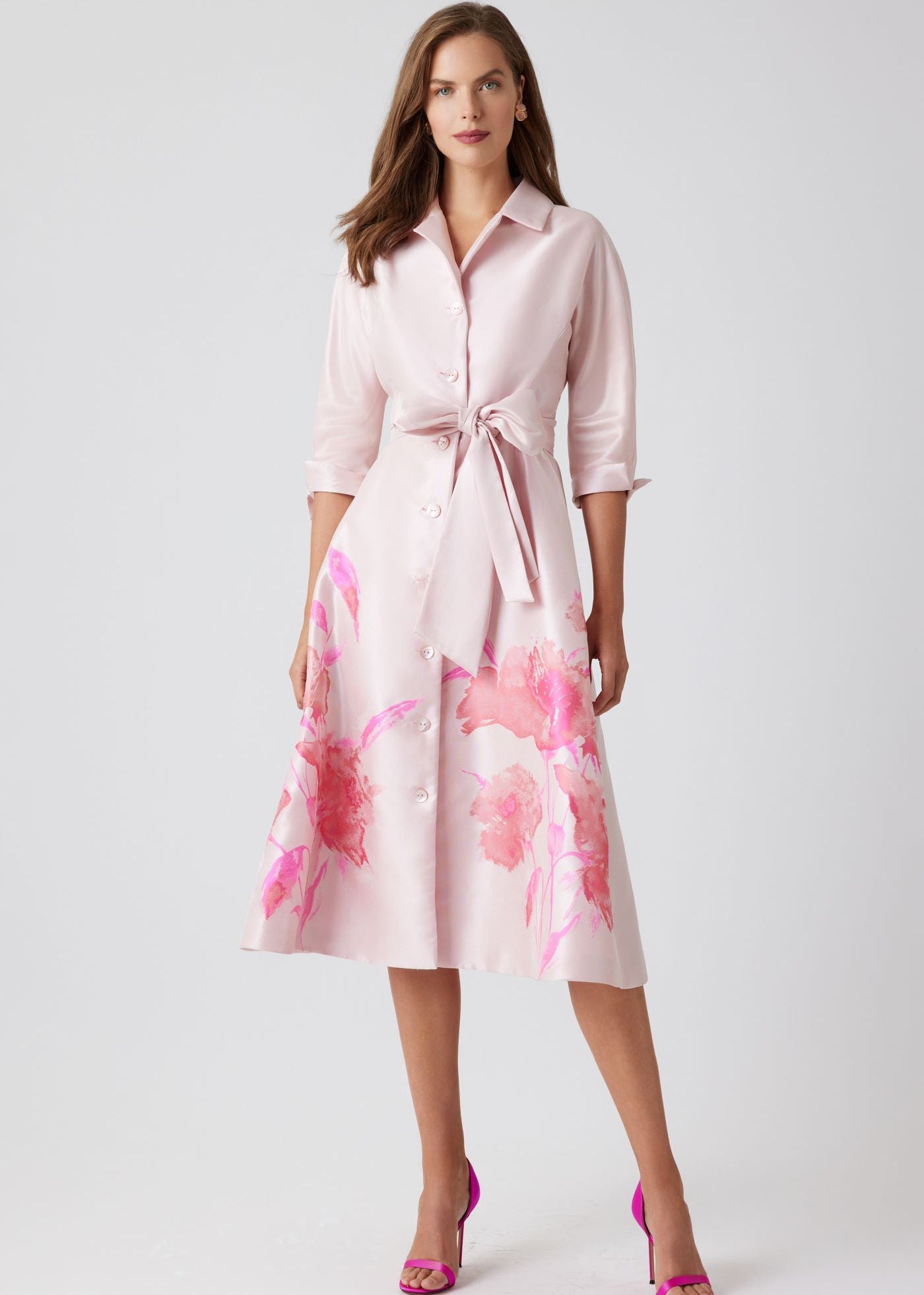 Mikado Floral Bordered Print Shirt Dress