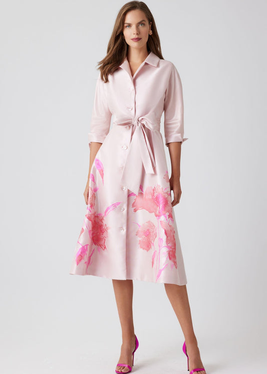 Mikado Floral Bordered Print Shirt Dress