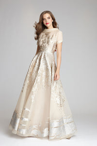 Roll Neck Cap Sleeve Metallic Organza Jacquard Gown