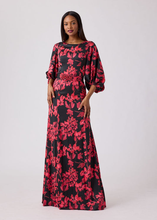 Silk Floral Jewel Belt Gown