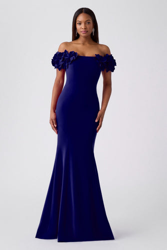 Crepe Gown with Scuba 3D Petal Shoulder