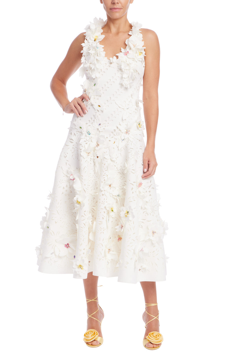 Sleeveless Floral Applique Midi Dress