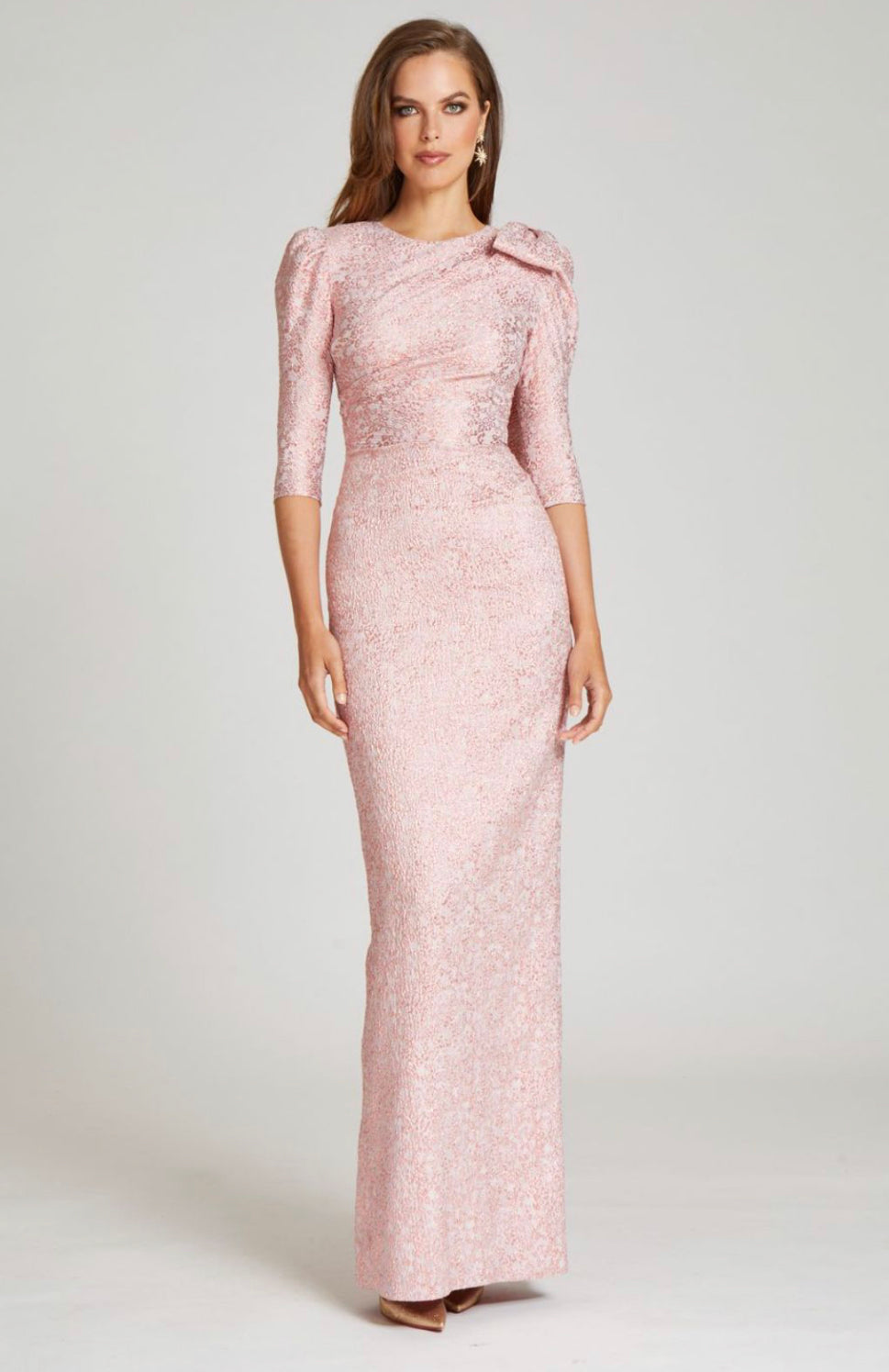 Metallic Jaquard 3/4 Sleeve Bow Shoulder Gown