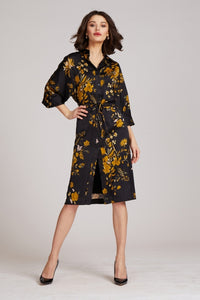 Twill Floral Drawstring Waist Shirt Dress