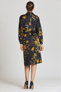 Twill Floral Drawstring Waist Shirt Dress
