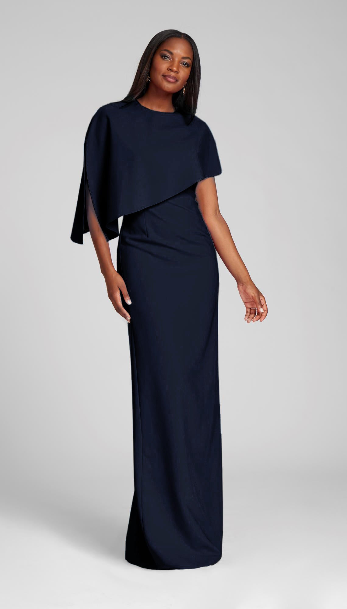 Navy Crepe Asymmetrical Overlay Gown