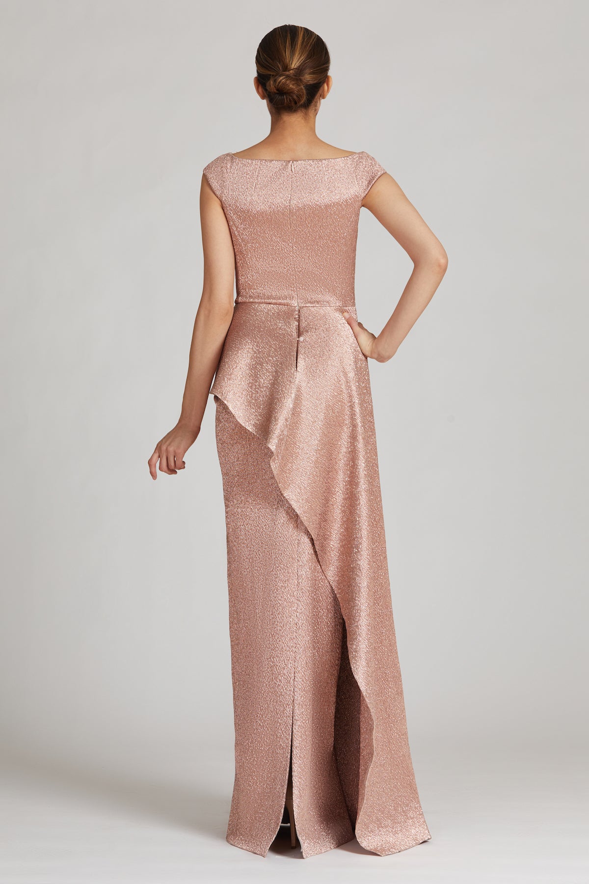 Jacquard Side Drape Peplum Gown Bella Rose Jacquard Side Drape Peplum Gown Bella Rose