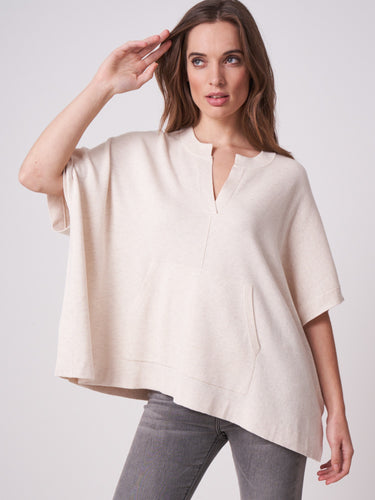 Cotton Blend Knit Poncho With Kangaroo Pocket