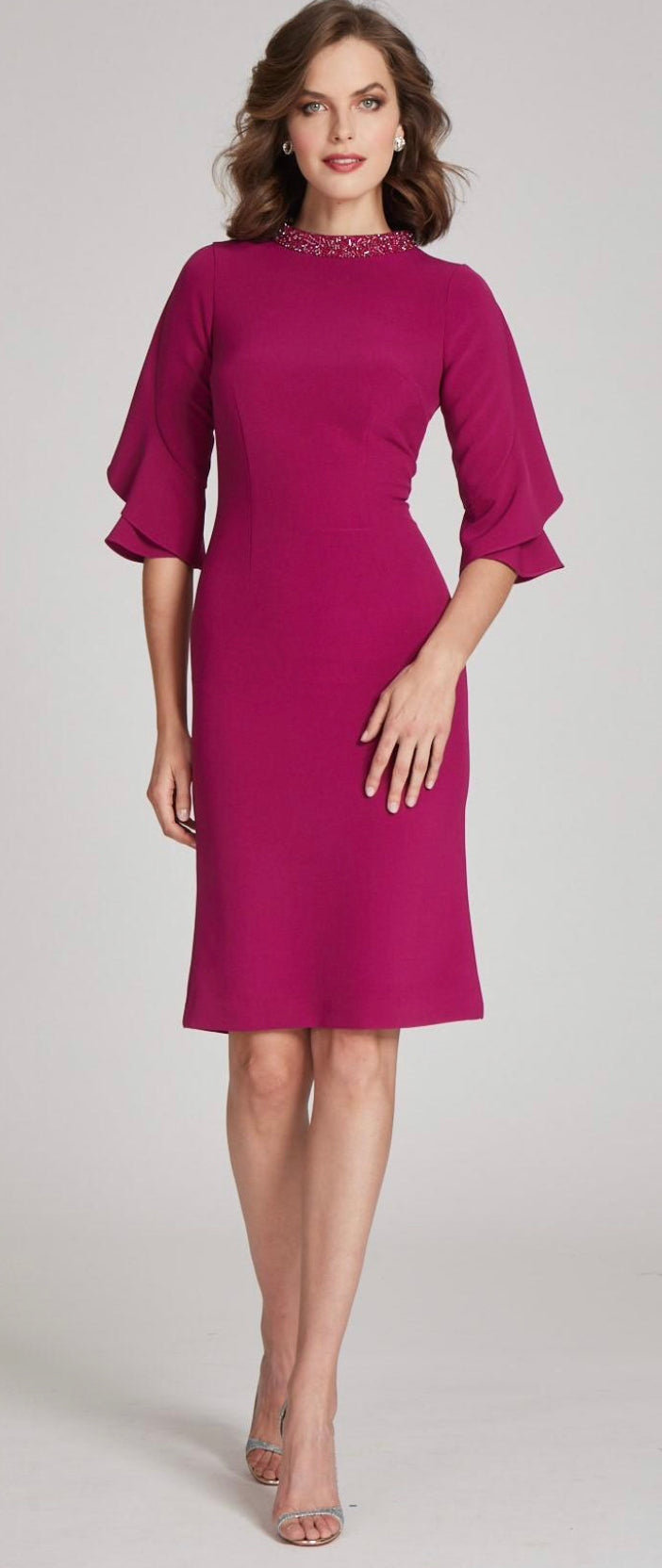 Flutter Sleeve Jewel Collar Crepe Dress