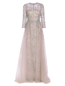 Long Sleeve Beaded Tulle Gown