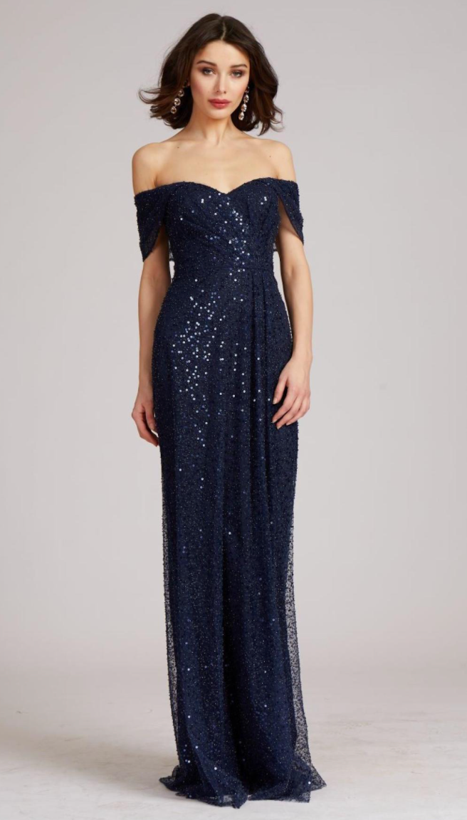 Sequin Sweetheart Bodice Off-the-Shoulder Gown