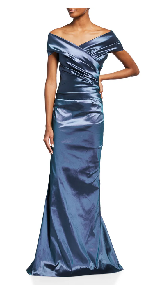 Slate Stretch Taffeta Off-the-Shoulder Gown