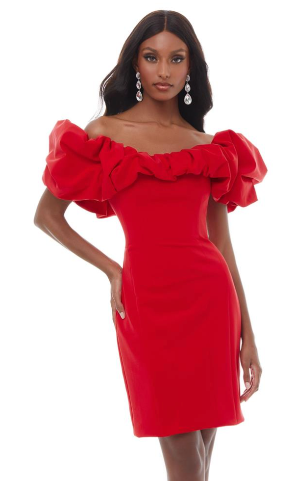 Off Shoulder Scuba Cocktail Dress with Oversized Ruffle