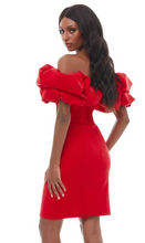 Load image into Gallery viewer, Off Shoulder Scuba Cocktail Dress with Oversized Ruffle