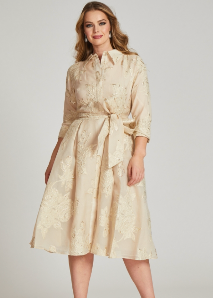 Metallic Jacquard Shirtdress with Floral Print