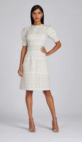 Jewel Neck Metallic Jacquard Dress