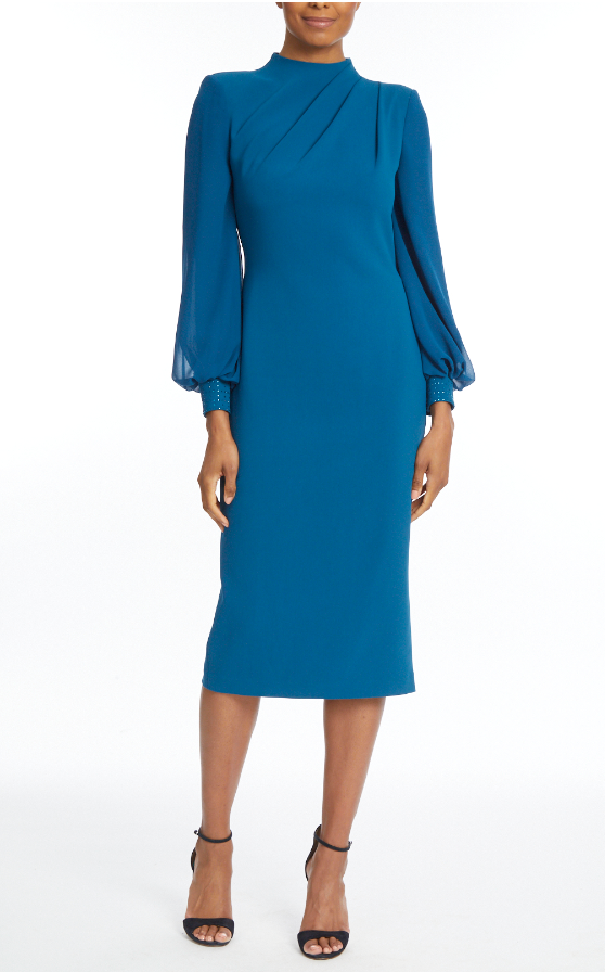 Pleated Neckline Balloon Sleeve Dress