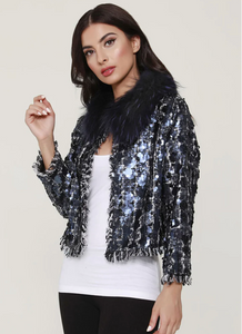 Tweed and Sequin Jacket with Natural Fur Collar Blue / M